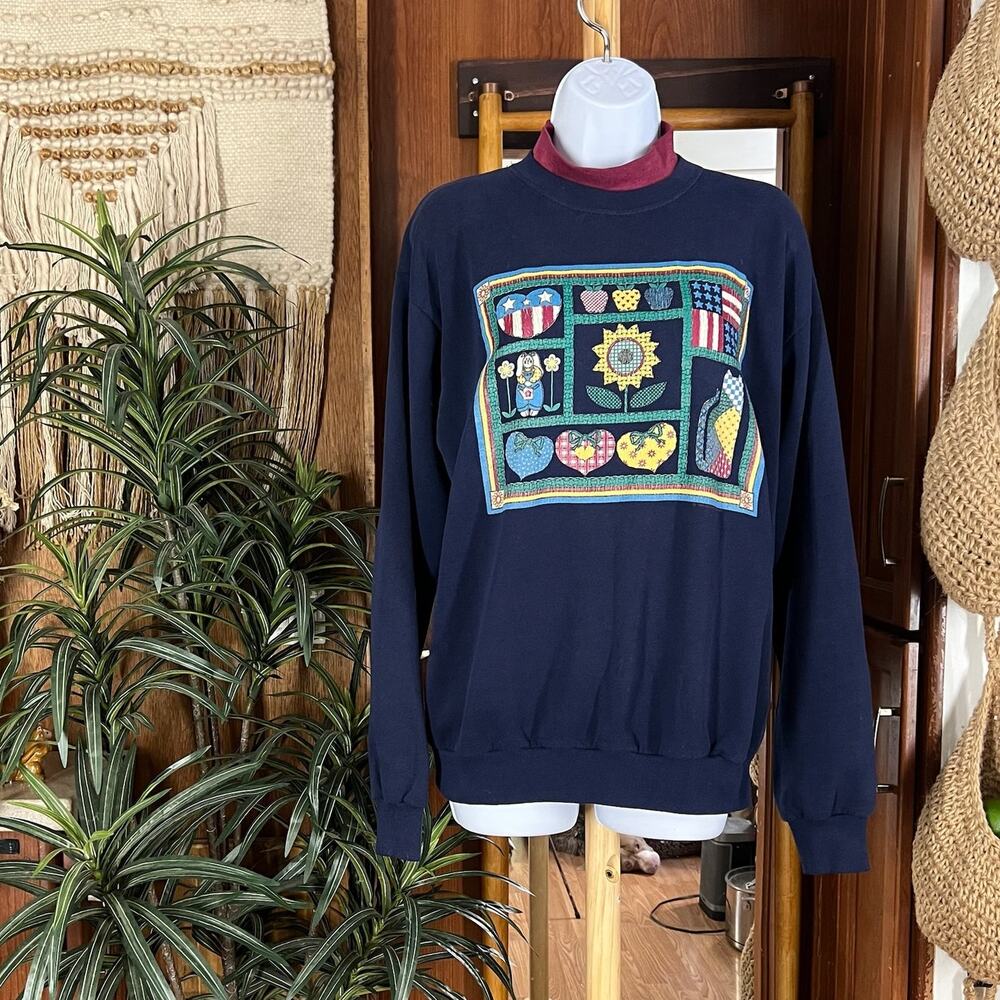 Vintage 90s Santee USA Graphic Sweatshirt M Navy Quilt Folk Americana Mock Neck